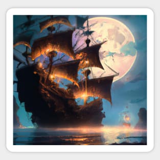 Majestic Pirate Ship: Aesthetic Fantasy Fiction Art Under Moonlight Sticker